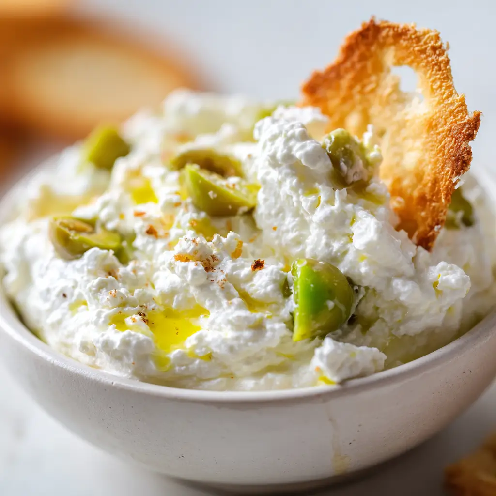 Asymmetrical styling of a whipped feta dip bowl with toasted pita chips and organic feta crumbs scattered around.