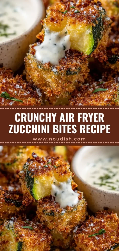 A Pinterest-style vertical graphic showing golden-brown Air Fryer Zucchini Bites stacked on a plate with dipping sauce.