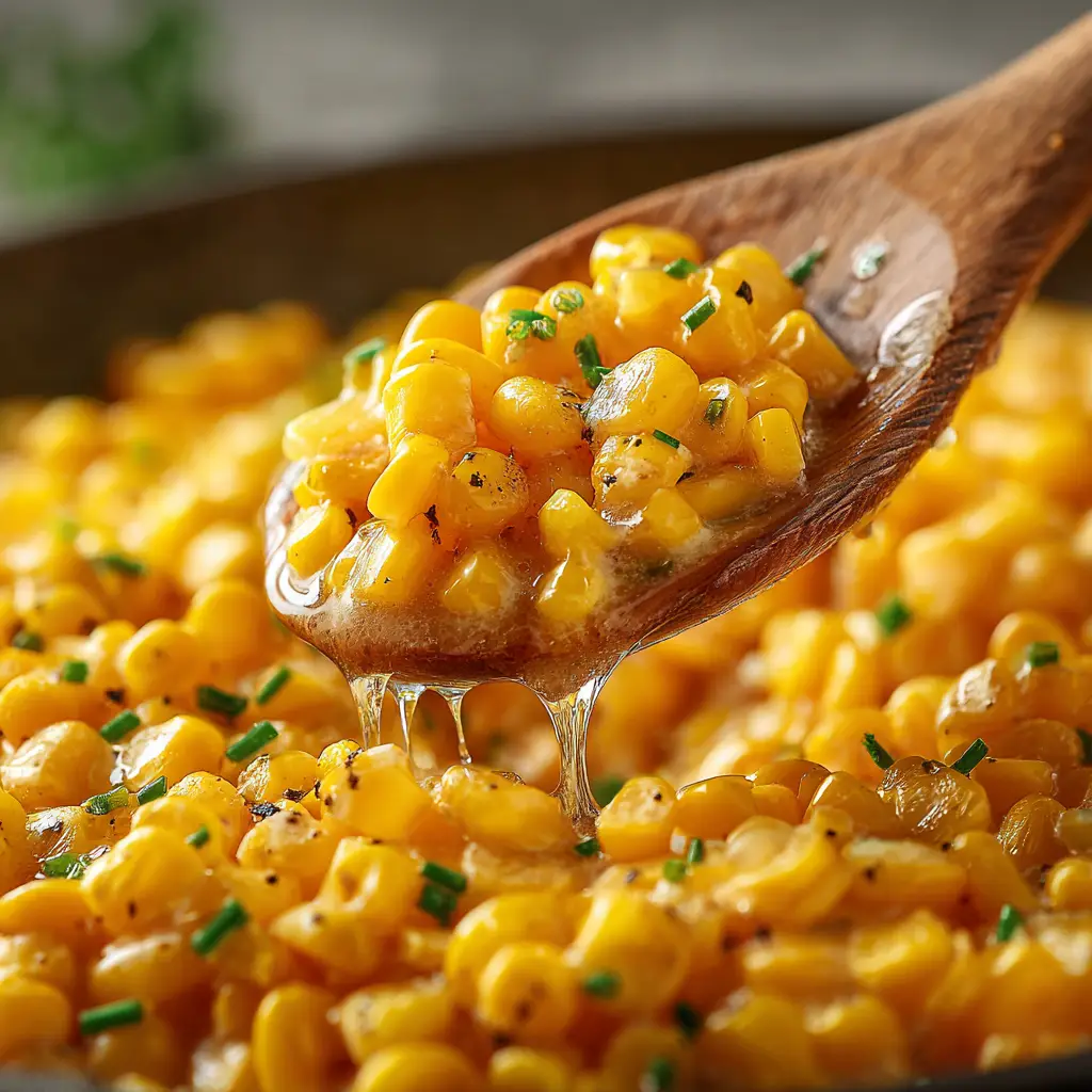 Creamy Honey Butter Skillet Corn in a rustic pan with velvety cream sauce drips and scattered green chives.