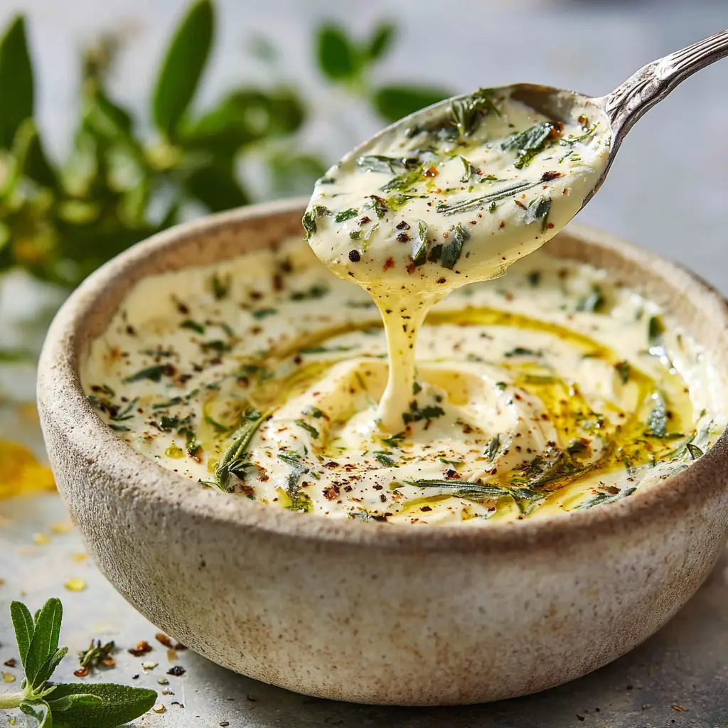 Cowboy Butter Ranch Dressing: The Ultimate Bold and Creamy Hybrid Sauce 2 Extreme macro close up of Cowboy Butter Ranch Dressing in a stone bowl with visible glossy oily sheen and cracked black pepper.