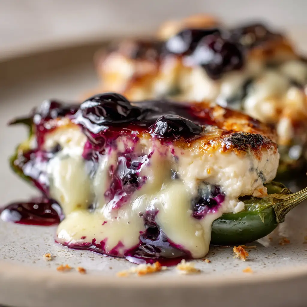 Cross section view of a Blueberry Brie Jalapeno Popper showing the creamy interior and translucent viscous sauce.