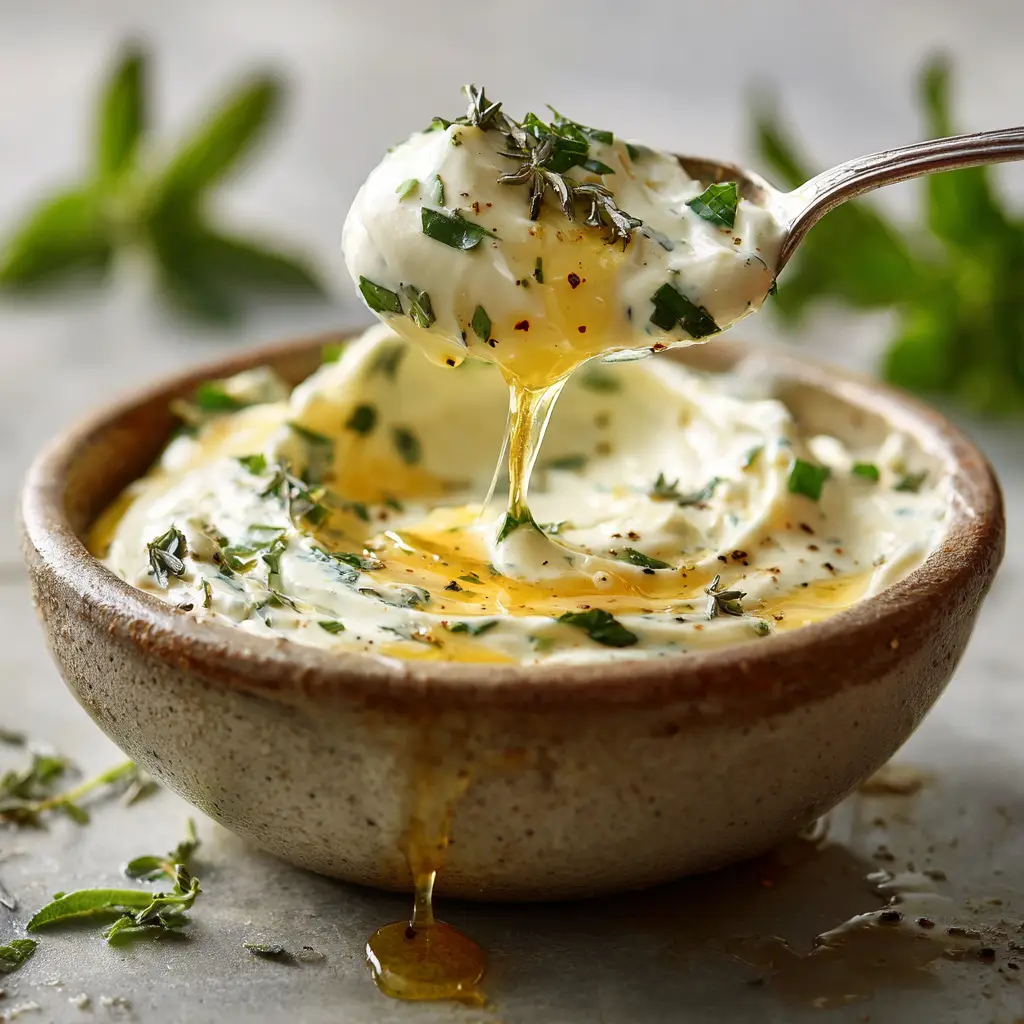 Cowboy Butter Ranch Dressing: The Ultimate Bold and Creamy Hybrid Sauce 1 A silver spoon lifting a scoop of thick Cowboy Butter Ranch Dressing, showing the irregular drip and heavy herb speckling.