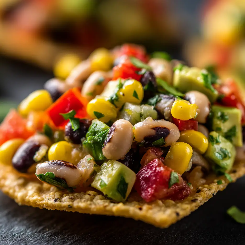 Close-up of fresh cilantro leaves scattered over a colorful Cowboy Caviar Recipe dip.
