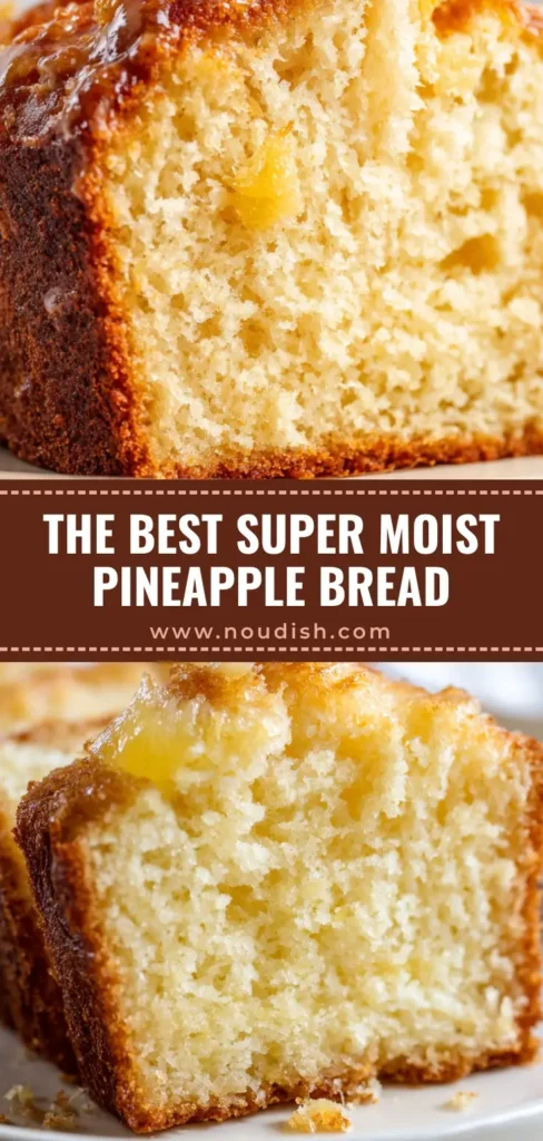 A thick slice of moist Pineapple Bread on a white plate showing golden yellow bits of fruit and a crusted exterior.