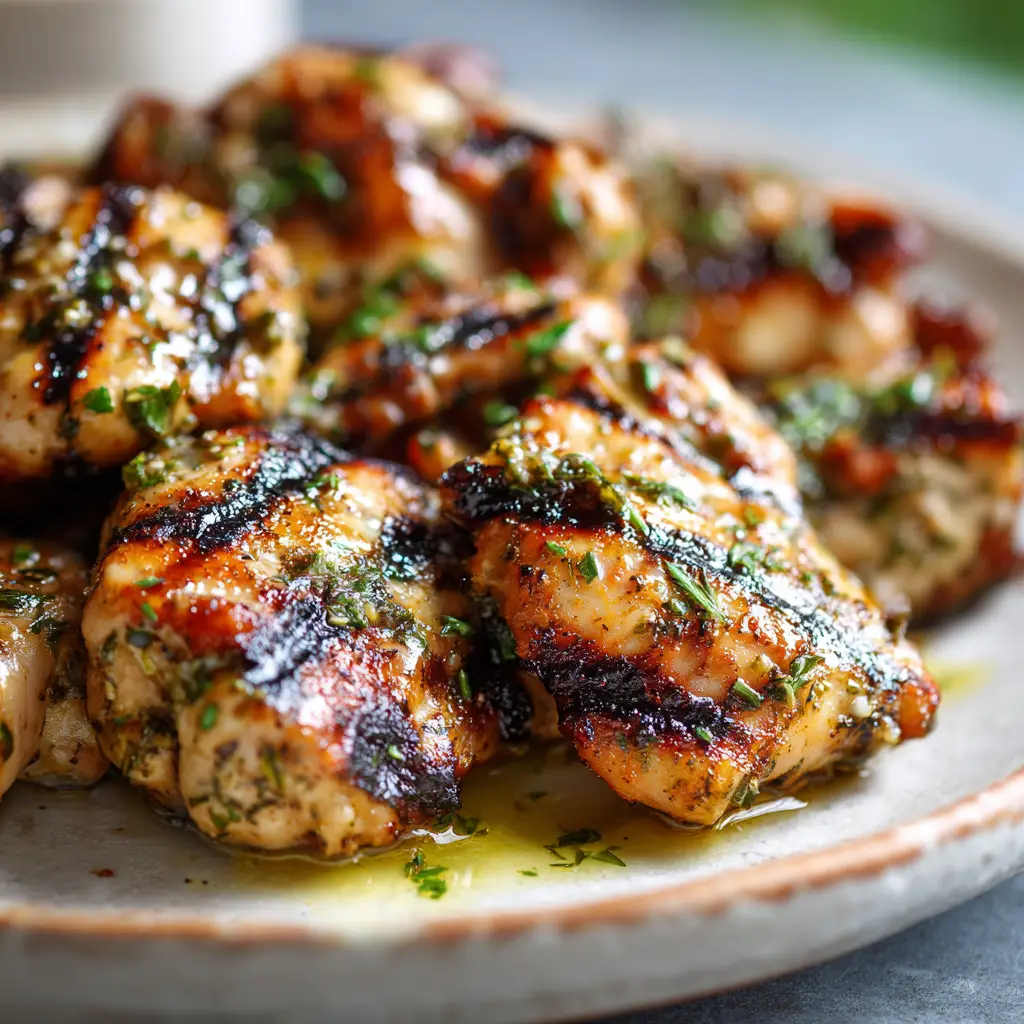 Greek Grilled Chicken with Lemon Herb Oil and Charred Grill Marks 2 Extreme macro of succulent Greek Grilled Chicken showing fibrous meat and oregano flecks. (Greek Grilled Chicken)