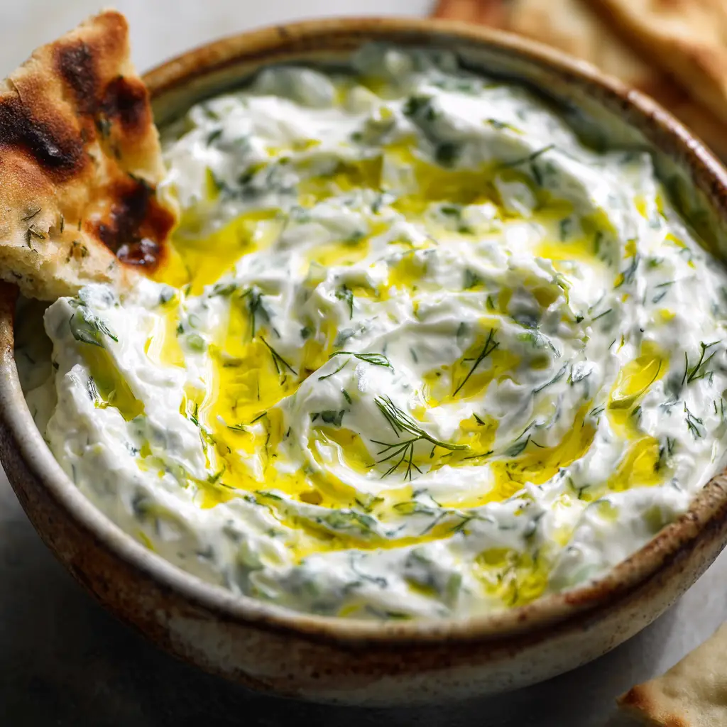 Authentic Greek Tzatziki Recipe: Creamy, Tangy, and Perfectly Thick 2 Extreme macro close-up of creamy yogurt texture in an Authentic Greek Tzatziki Recipe bowl with green dill flecks.