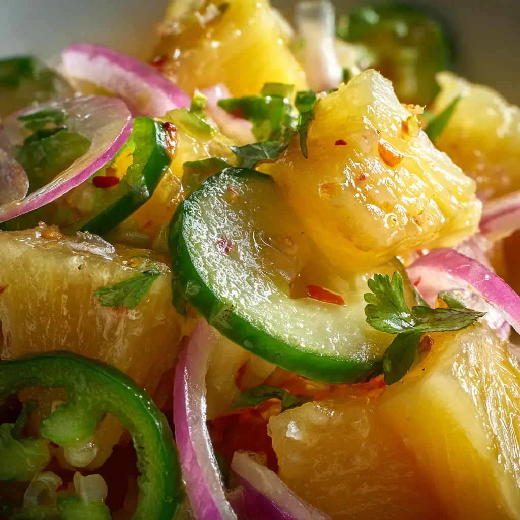 Macro photography of Spicy Pineapple Cucumber Salad highlighting the asymmetrical styling of cilantro and jalapeno seeds in natural daylight.