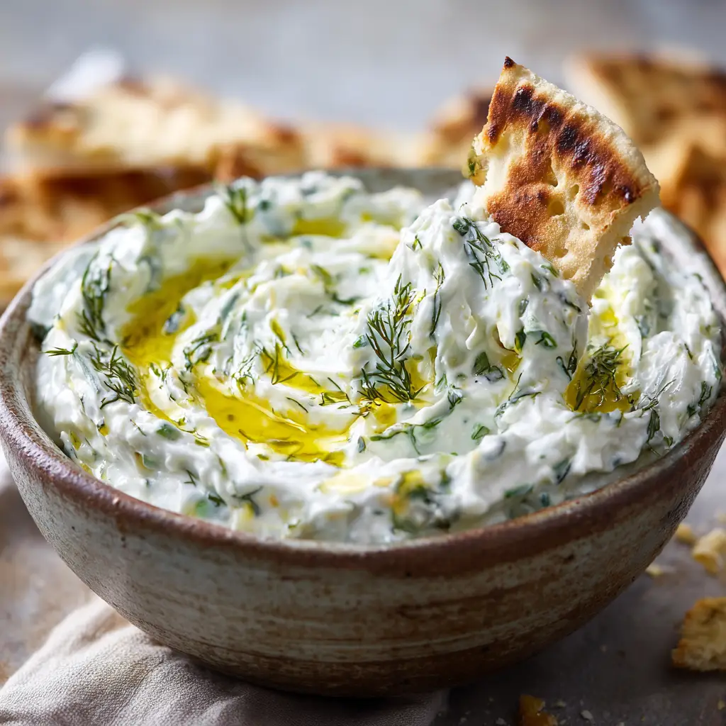 Authentic Greek Tzatziki Recipe: Creamy, Tangy, and Perfectly Thick 1 A thick scoop of Authentic Greek Tzatziki Recipe being pulled by a piece of charred crusty pita bread.