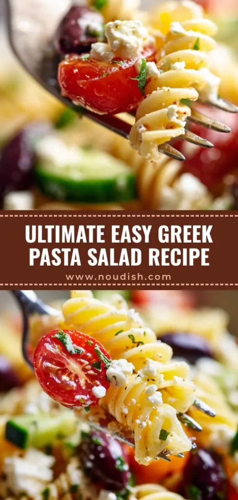 A vertical Pinterest pin showing a close up of Greek Pasta Salad with Feta, featuring rotini pasta, feta chunks, and kalamata olives.