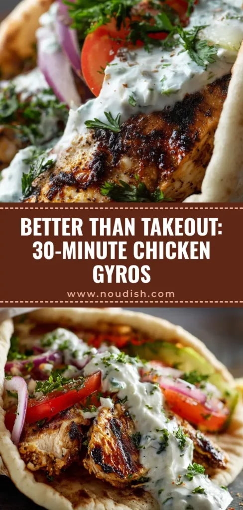 A close-up vertical shot of Chicken Gyros in a soft pita wrap with dripping tzatziki sauce and fresh red onions, perfect for Pinterest.