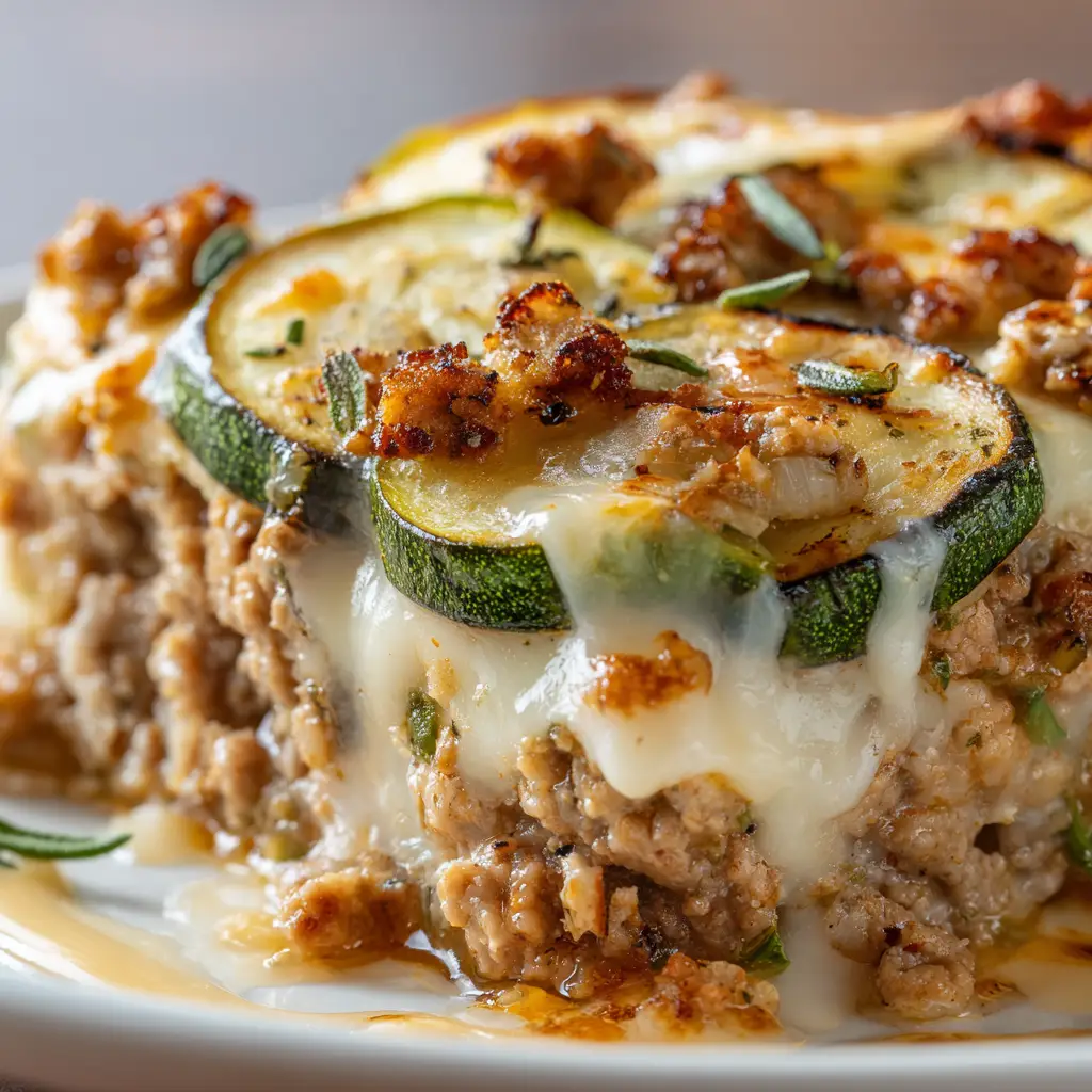 Ground Turkey Zucchini Casserole: The Ultimate Low-Carb Comfort Food 2 Extreme macro close-up of Ground Turkey Zucchini Casserole highlighting browned turkey crumbles and bubbling melted cheese.