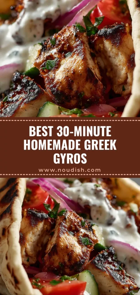 A Pinterest-style vertical graphic of Greek Chicken Gyros showing a loaded wrap with charred chicken and tzatziki sauce.
