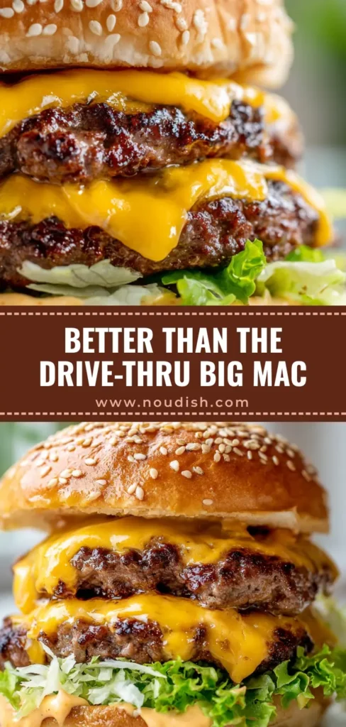 A towering double-decker burger showing the distinct layers of meat, bread, and dripping orange sauce. (Homemade Big Mac Recipe)