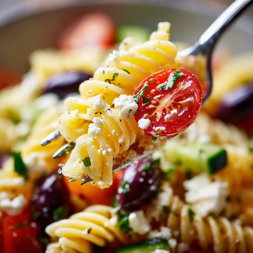 Detailed view of crumbly porous white feta cheese and crisp diced cucumbers in a Greek Pasta Salad.