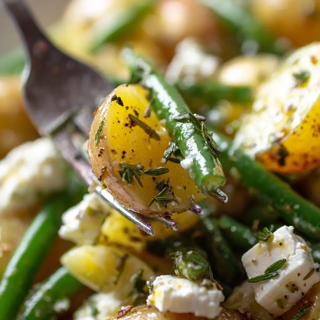 Greek Potato Salad with Lemon Herb Vinaigrette and Green Beans 2 Extreme macro close up of Greek Potato Salad showing the texture of the porous potato and glossy lemon herb dressing.
