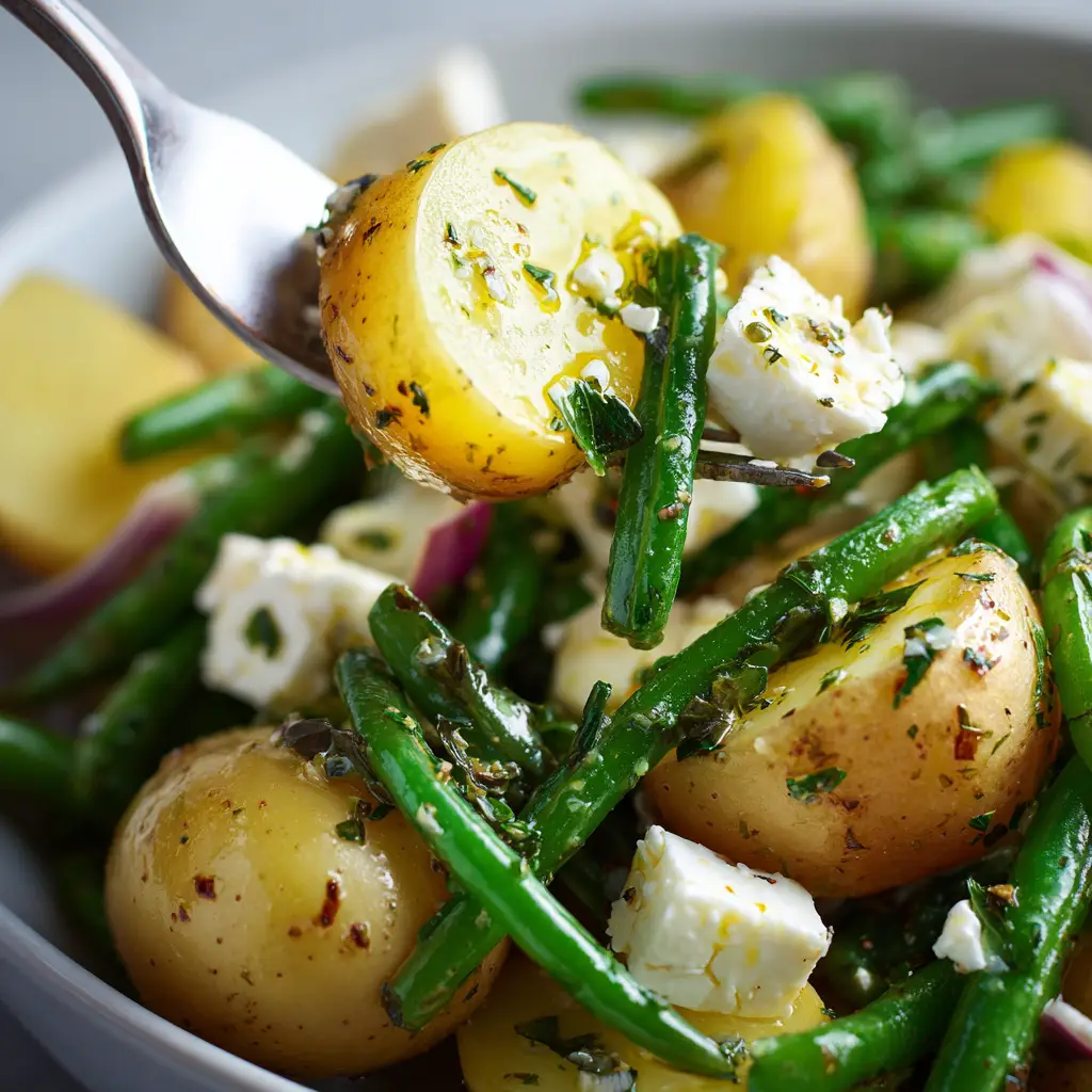 Greek Potato Salad with Lemon Herb Vinaigrette and Green Beans 1 Macro shot of Greek Potato Salad with a fork lifting a bite, featuring creamy feta chunks and dried oregano crumbs.