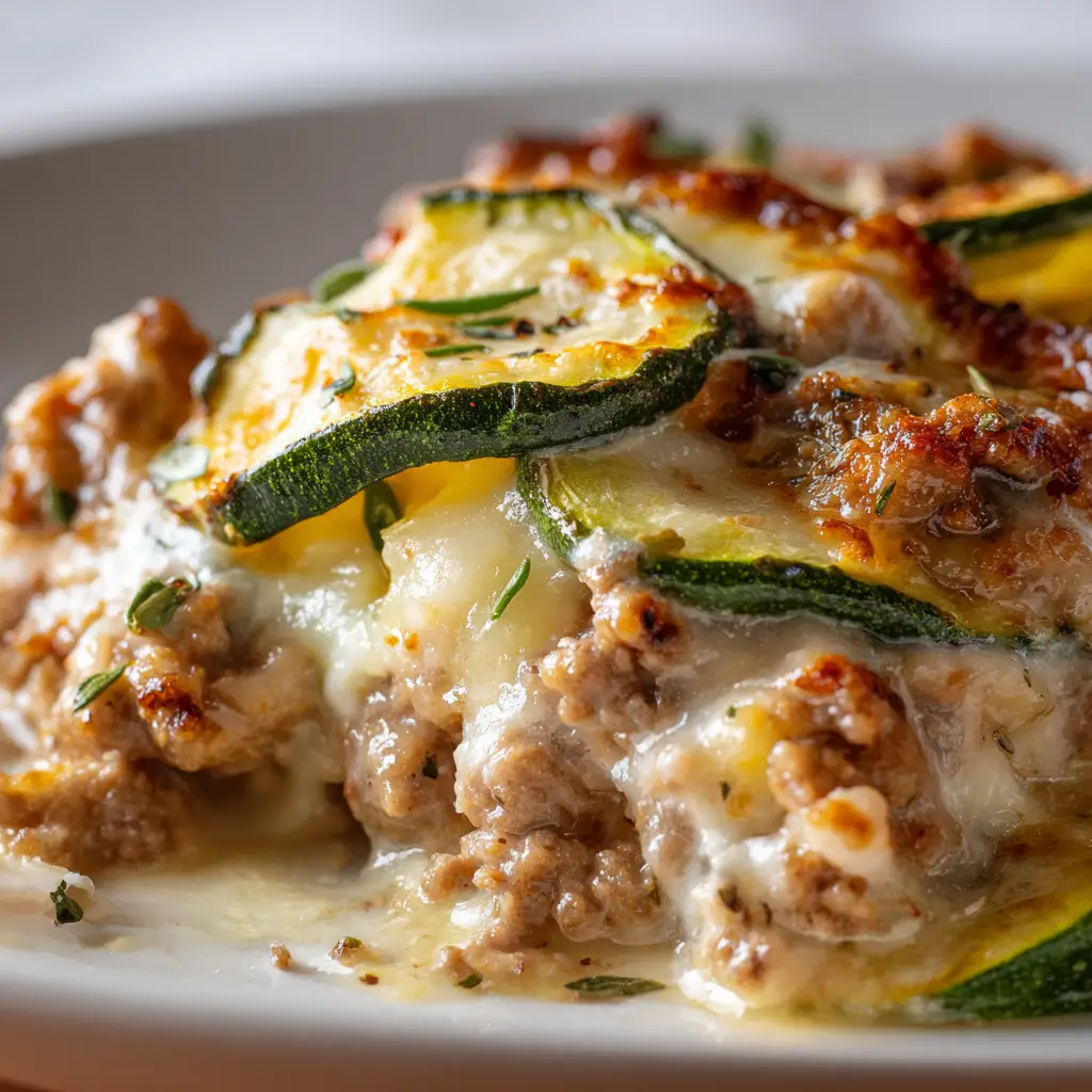 Ground Turkey Zucchini Casserole: The Ultimate Low-Carb Comfort Food 1 Cross-section of a Ground Turkey Zucchini Casserole scoop showing translucent zucchini rounds and irregular sauce drips.