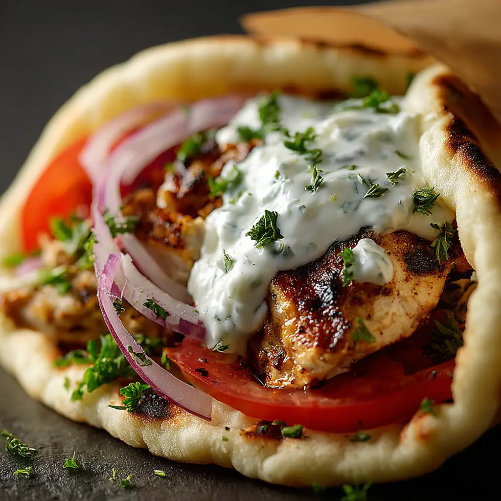 Macro view of thin red onion slivers and translucent tomato slices inside a Greek Chicken Gyro.