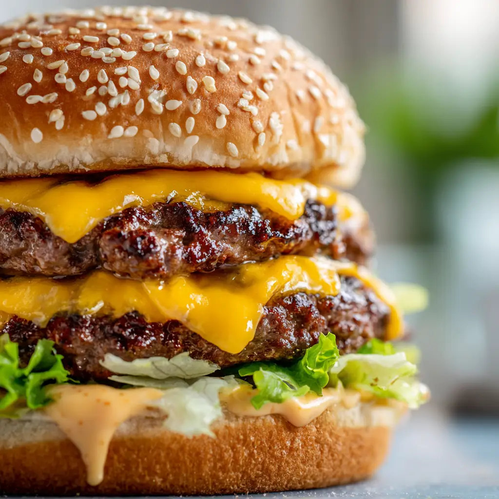Cross-section view of a Homemade Big Mac Recipe with translucent lettuce and irregular sauce drips.