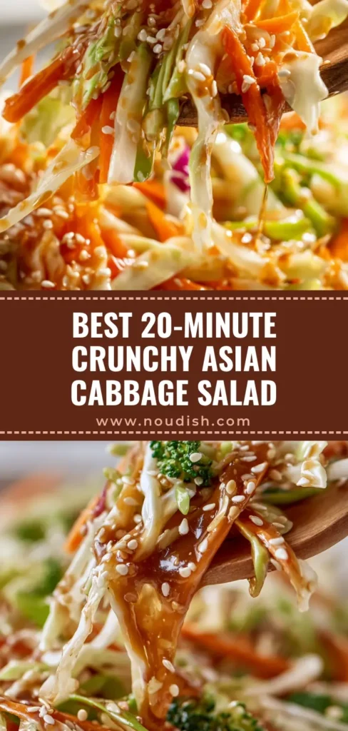 Crunchy Asian Cabbage Salad with Sesame Ginger Dressing 4 A close-up shot of Crunchy Asian Cabbage Salad with glossy sesame dressing, shredded ribbons, and scattered sesame seeds on a wooden fork.