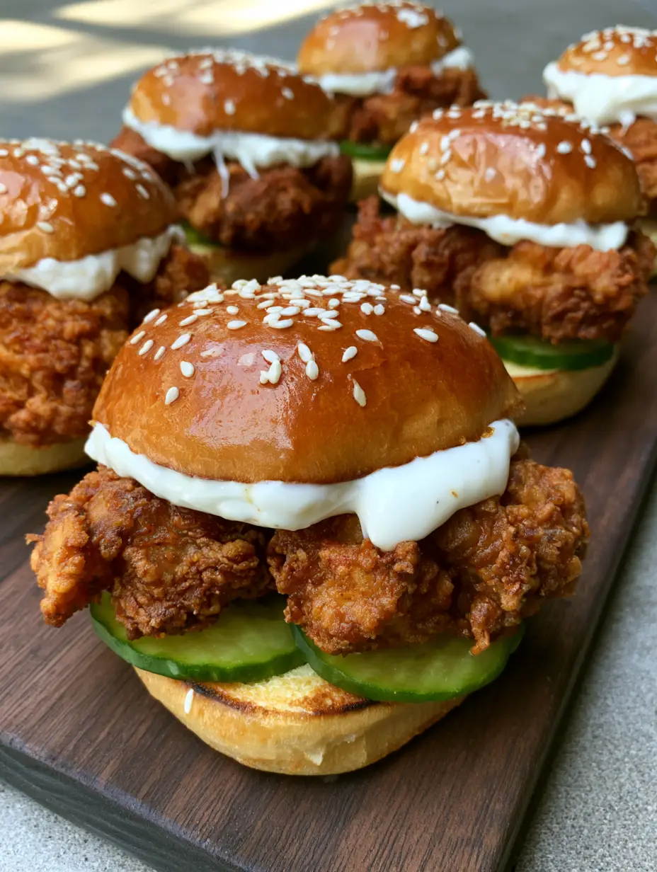 Close-up of golden-brown crispy fried chicken sliders showing the thick white sauce dripping over the craggy breaded chicken. (Crispy Fried Chicken Sliders)