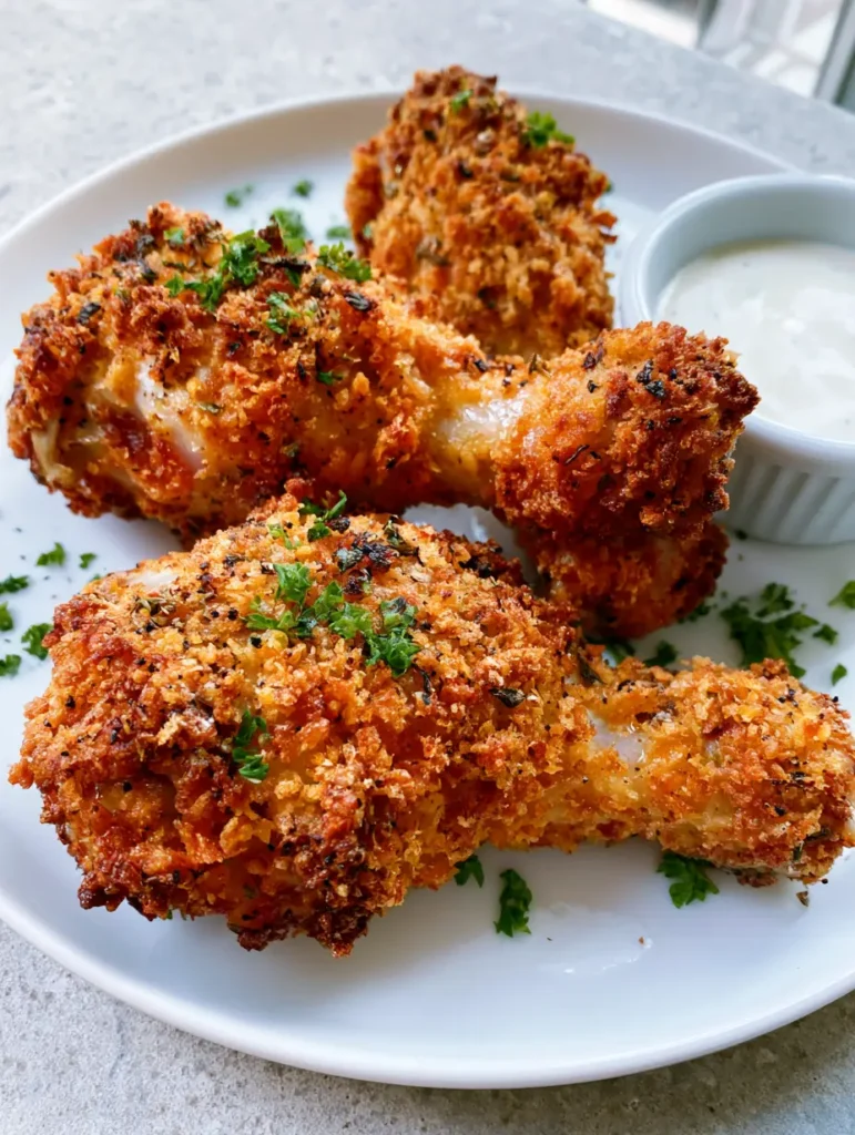 Handheld photo of Oven Fried Chicken drumsticks showing the textured panko crust and black pepper specks.