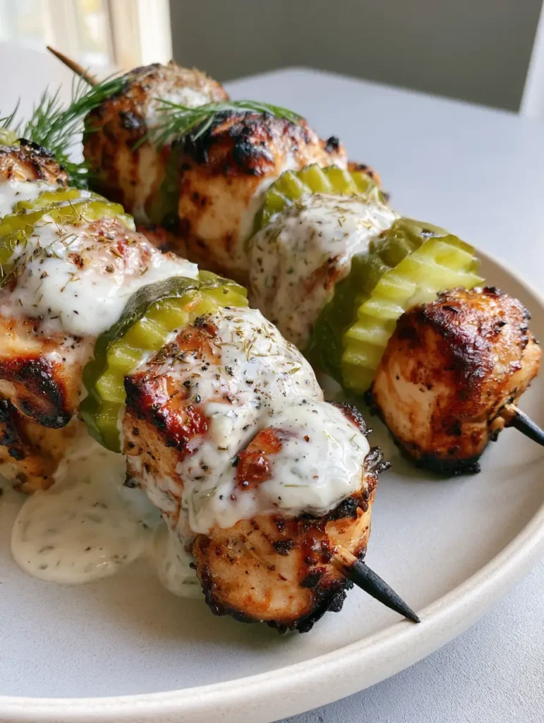 Close-up of air-fried marinated chicken cubes on wooden skewers with charred edges and thick dill ranch dressing. (Dill Pickle Chicken Skewers)
