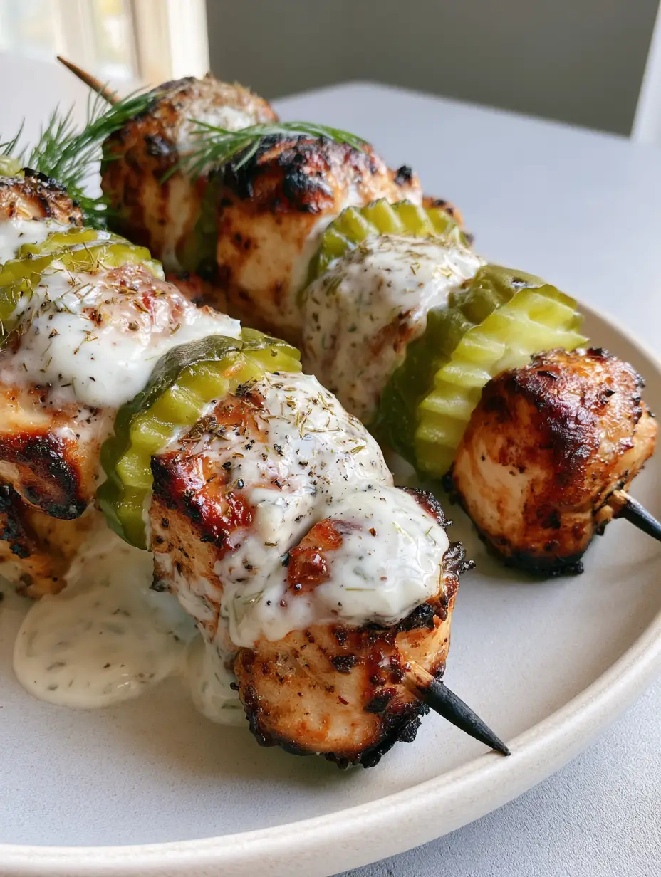 Close-up of air-fried marinated chicken cubes on wooden skewers with charred edges and thick dill ranch dressing. (Dill Pickle Chicken Skewers)
