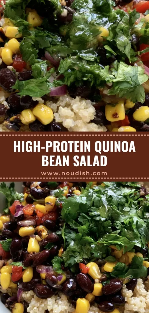 A shallow white ceramic bowl containing a vibrant Sweet Corn and Black Bean Quinoa Salad with charred corn, red peppers, and fresh cilantro on a stone surface.