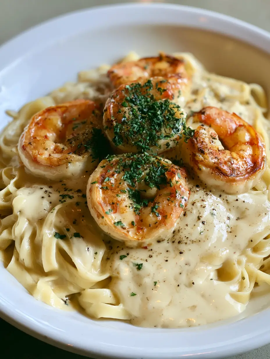 A close-up smartphone photo of Creamy Garlic Shrimp Alfredo showing the thick, glossy ivory sauce and succulent seared shrimp.