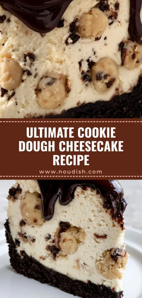 Cookie Dough Cheesecake with Dark Chocolate Crust and Ganache 4 A tall slice of Cookie Dough Cheesecake with a dark chocolate crust and glossy chocolate ganache drizzle on a white plate.