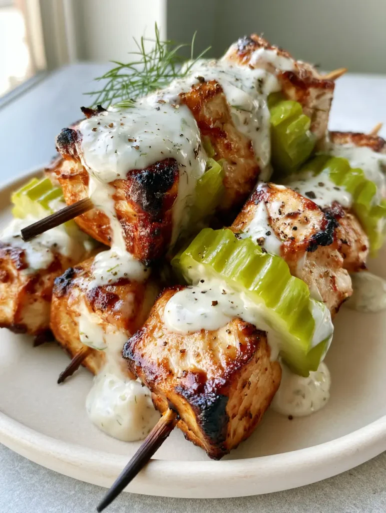 Top-down view of three Dill Pickle Chicken Skewers resting on a neutral ceramic plate with crinkle-cut pickles.