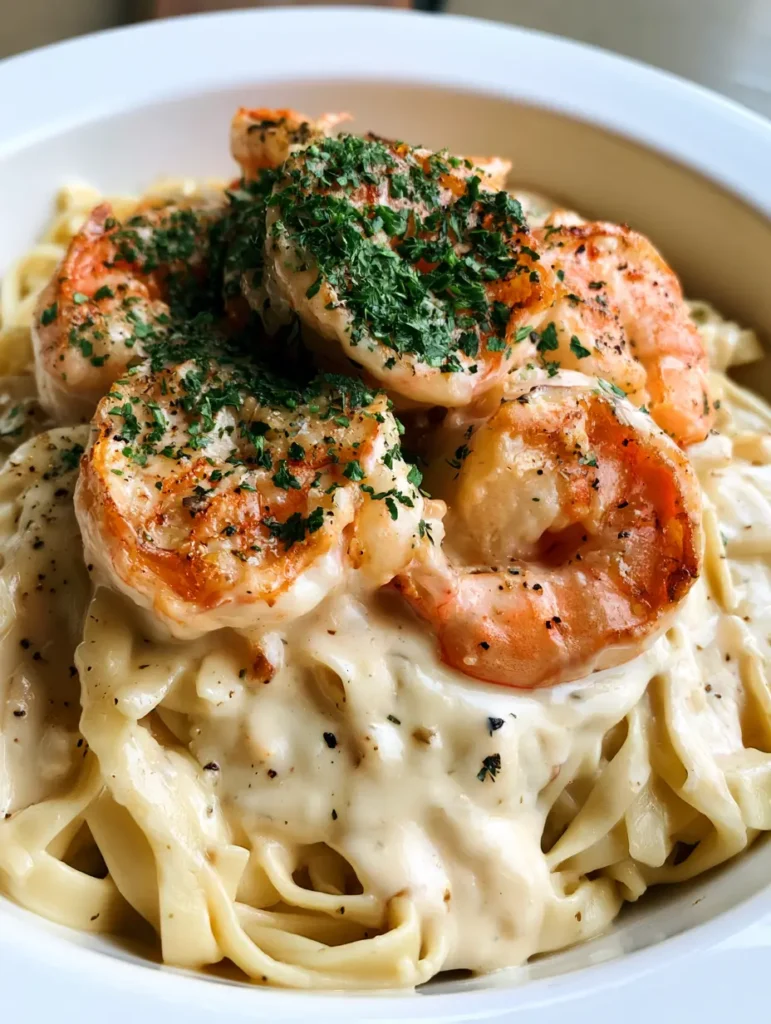 Close-up of seared jumbo shrimp with golden-brown edges resting on Creamy Garlic Shrimp Alfredo noodles.