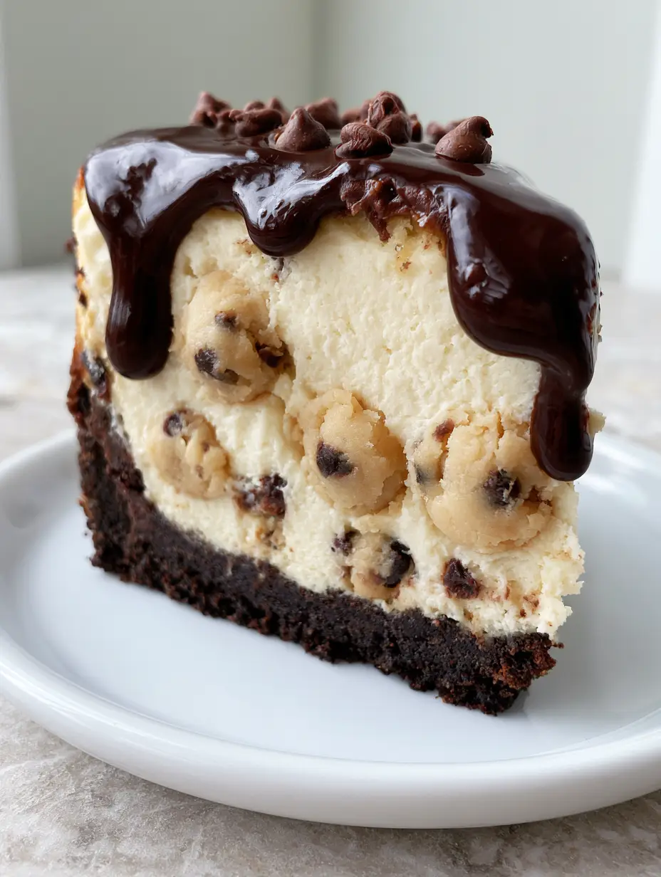 Cookie Dough Cheesecake with Dark Chocolate Crust and Ganache 3 A close up photo of a Cookie Dough Cheesecake slice showing the light tan cookie dough chunks and mini chocolate chips.