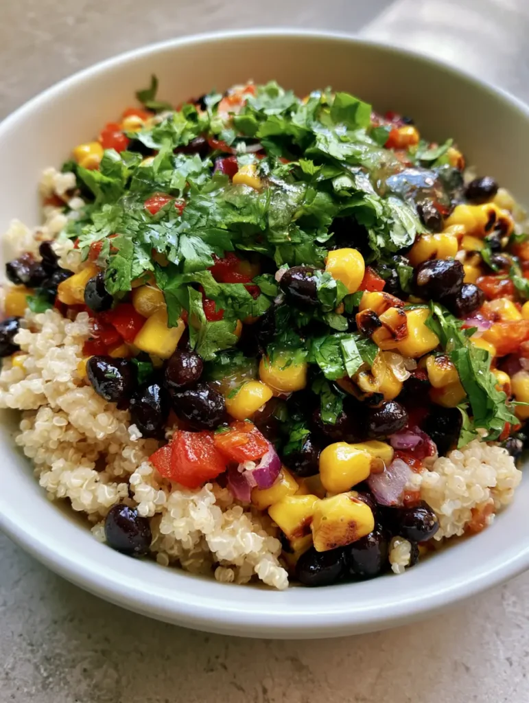 A top-down view of the Sweet Corn and Black Bean Quinoa Salad bowl showing purple red onion highlights and fresh green cilantro garnish.