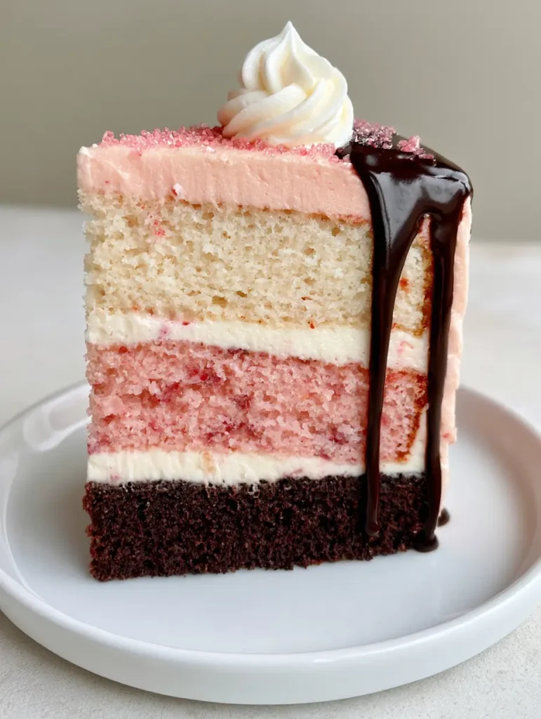 Tall vertical slice of Neapolitan Cake on a white plate featuring dark chocolate, pink strawberry, and ivory vanilla sponges.