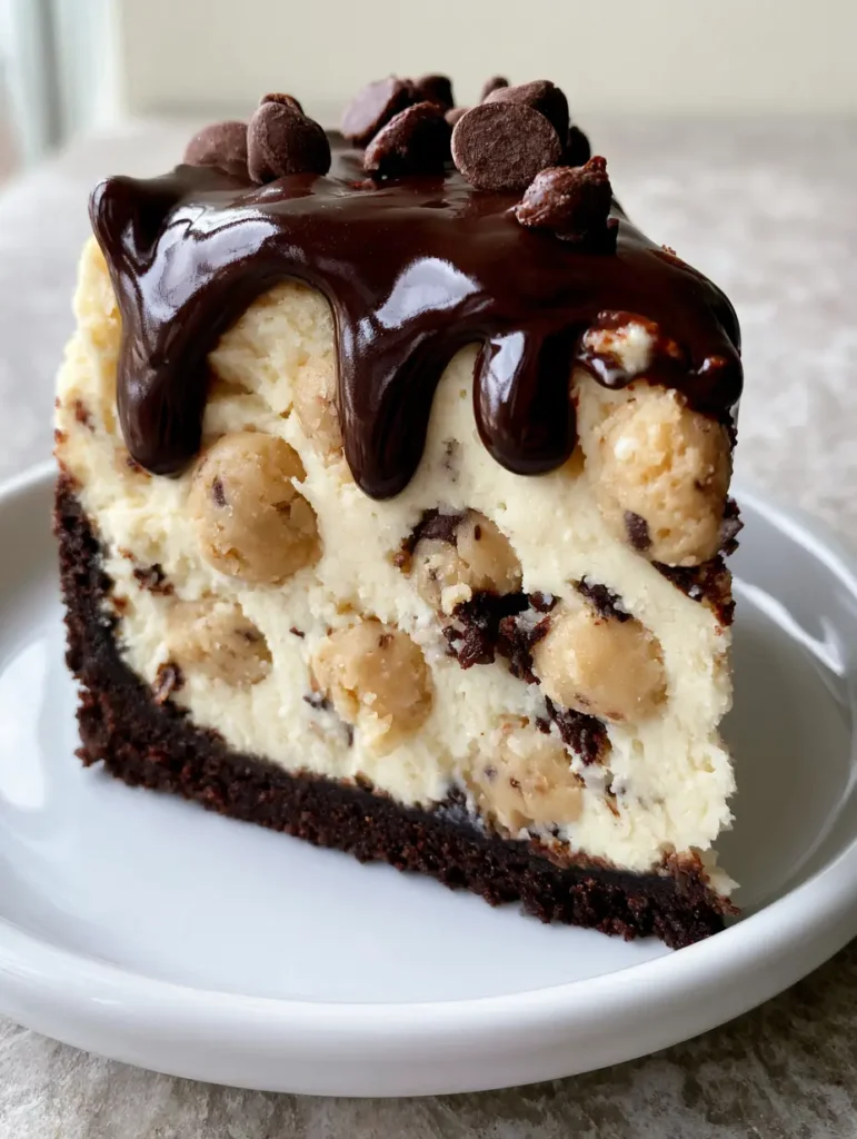Cookie Dough Cheesecake with Dark Chocolate Crust and Ganache 1 Cookie Dough Cheesecake served on a stone surface with soft natural lighting.