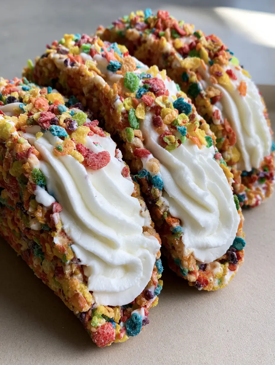 Fruity Pebbles Cheesecake Tacos: The Ultimate No-Bake Viral Dessert 3 A handheld smartphone photo showing the texture of a crisp Fruity Pebbles Cheesecake Taco shell.