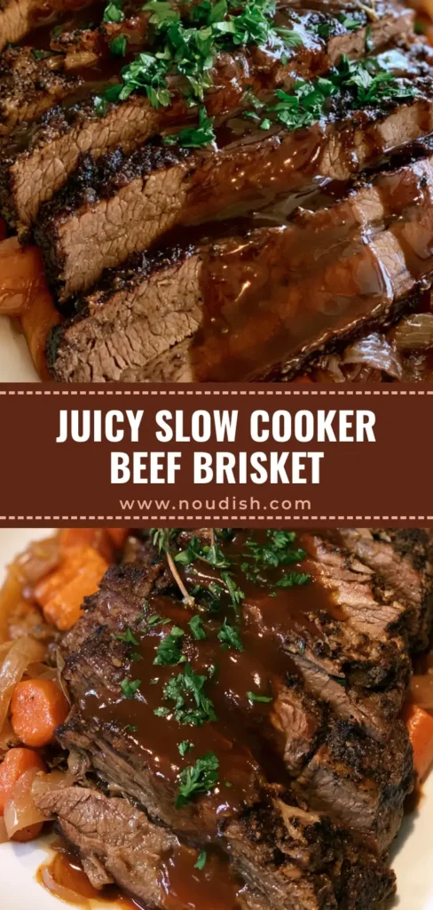 Slow Cooker Beef Brisket with Savory Brown Gravy and Carrots 4 A close-up shot of thick, tender slices of Slow Cooker Beef Brisket on a white platter, garnished with fresh parsley and surrounded by carrots.