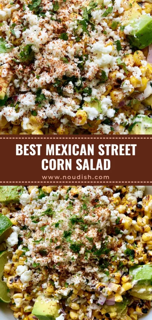 Mexican Street Corn Salad with Creamy Lime Dressing and Avocado 4 A close-up shot of Mexican Street Corn Salad in a white bowl featuring charred corn, avocado cubes, and cotija cheese with lime wedges on the side.