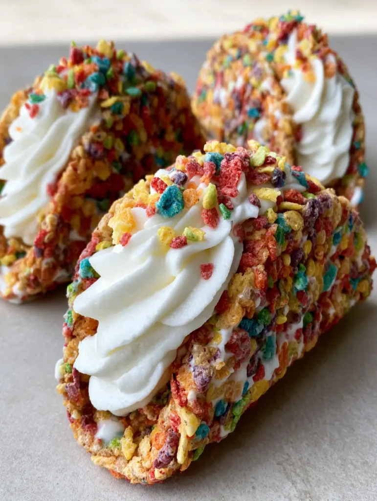 Fruity Pebbles Cheesecake Tacos: The Ultimate No-Bake Viral Dessert 1 Three dessert tacos arranged on a light surface with soft natural lighting highlighting the cheesecake filling.