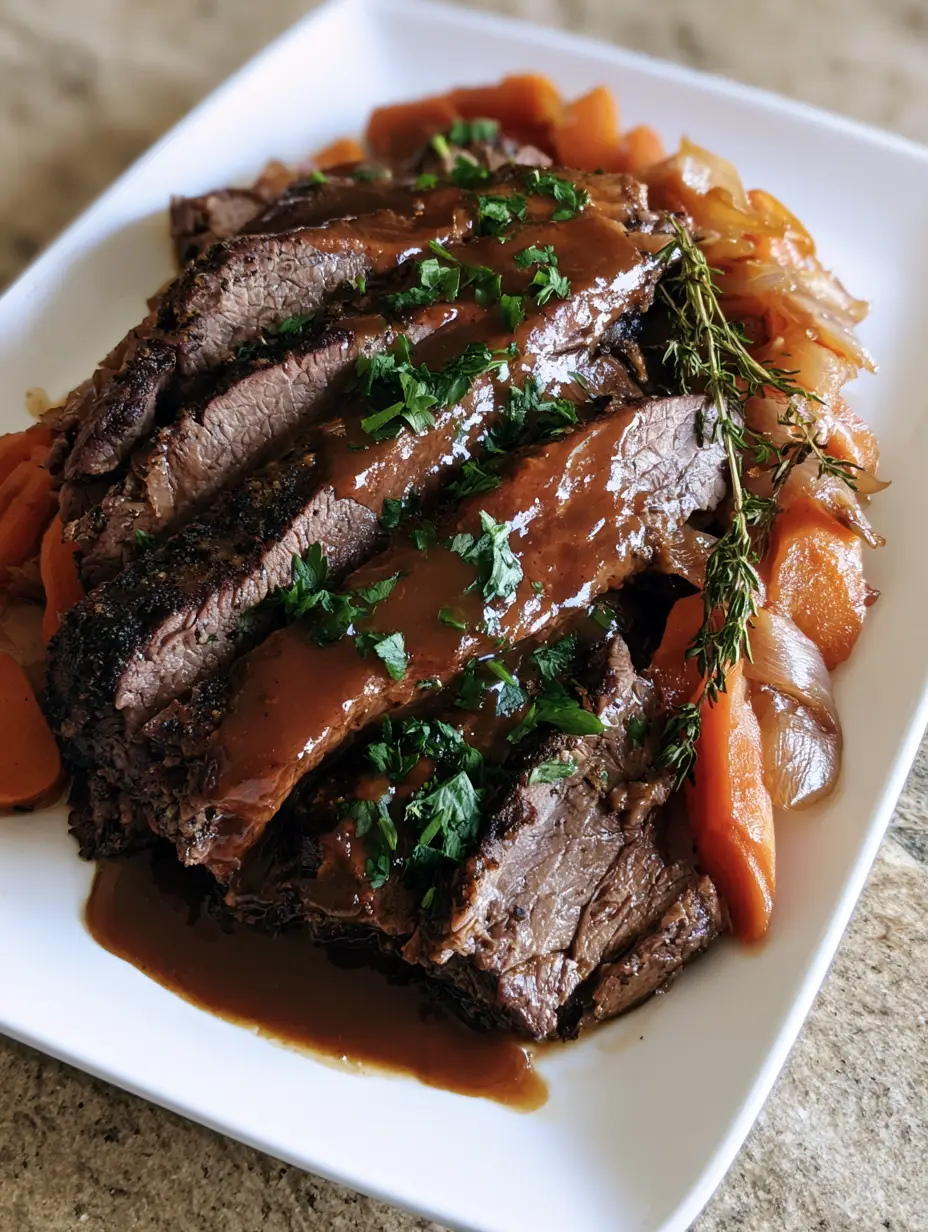 Slow Cooker Beef Brisket with Savory Brown Gravy and Carrots 3 Overhead view of braised beef brisket slices drizzled in a glossy savory sauce with cooked carrots and onions. (Slow Cooker Beef Brisket)