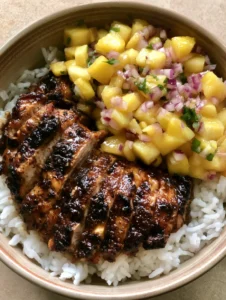 Top down handheld smartphone photo of a Jerk Chicken Bowl showing the charred chicken edges and glossy marinade texture.