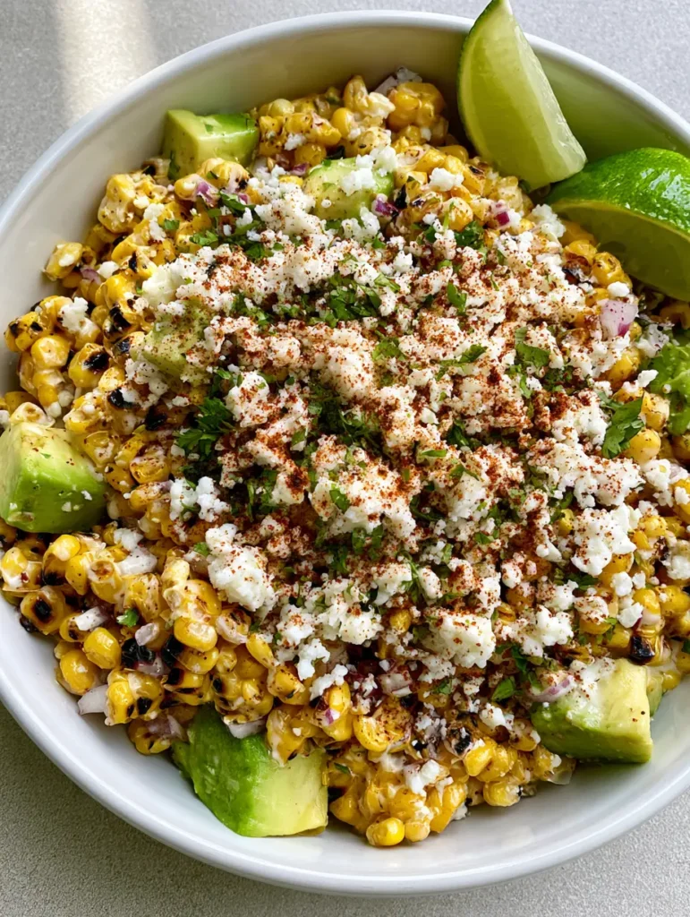 Top-down view of Mexican Street Corn Salad showing golden charred corn kernels and creamy lime dressing.