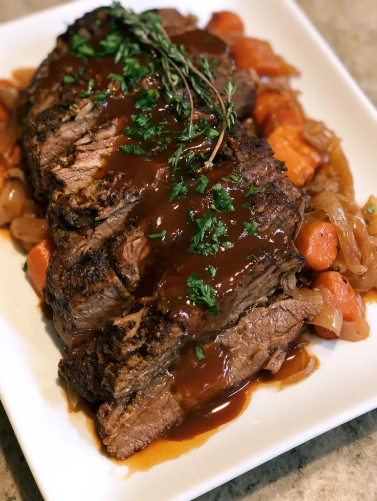 Slow Cooker Beef Brisket with Savory Brown Gravy and Carrots 1 Succulent slices of beef brisket showing the moist interior texture and dark seasoned crust. (Slow Cooker Beef Brisket)