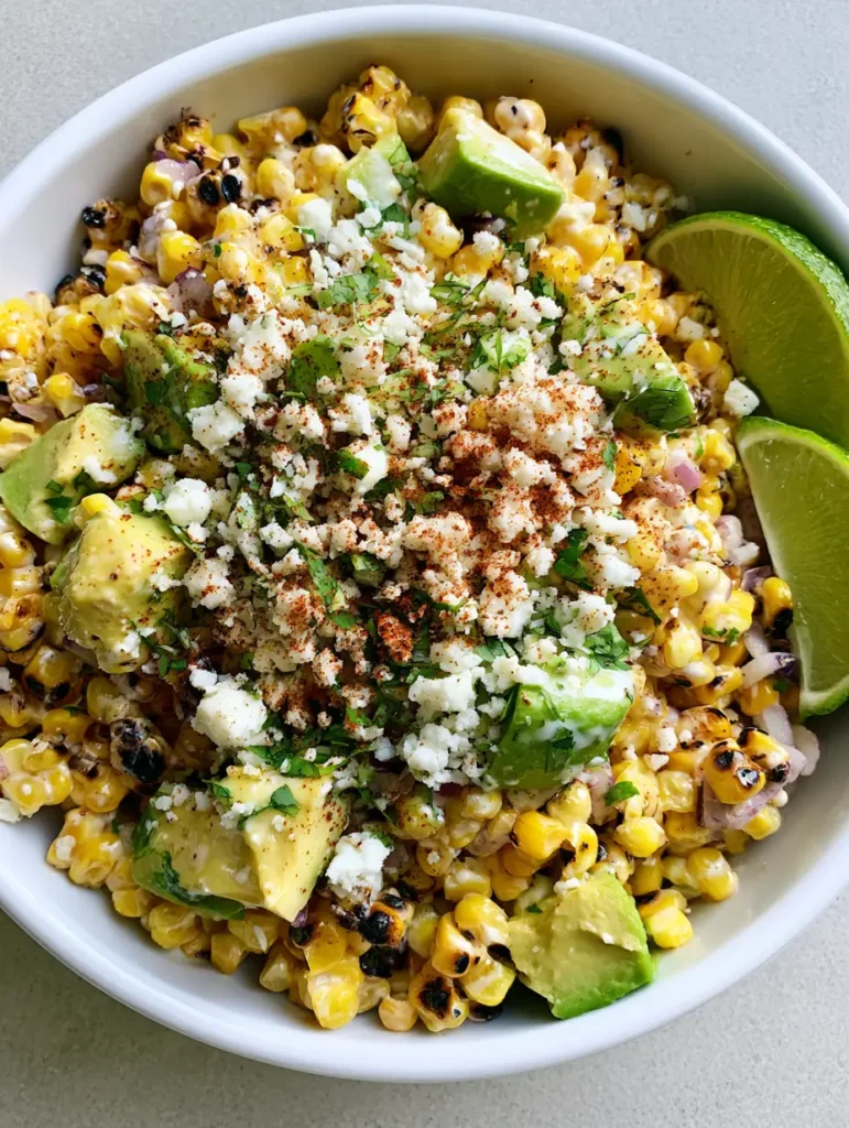 Mexican Street Corn Salad with Creamy Lime Dressing and Avocado 1 Close up of Mexican Street Corn Salad topped with white cotija cheese, green cilantro, and red chili powder.