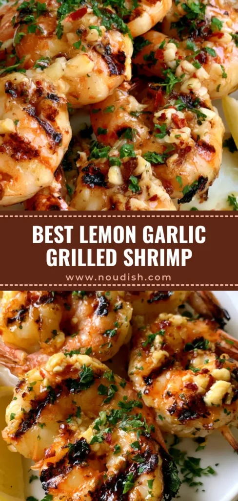 A top-down view of Grilled Shrimp Skewers on a white plate, featuring charred marks, fresh parsley, and lemon wedges.