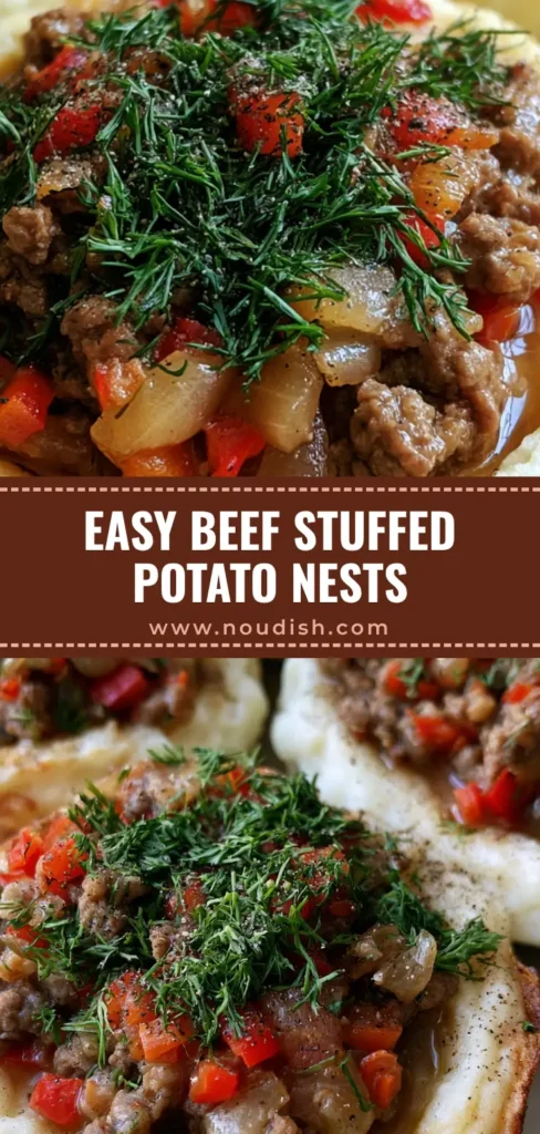 Stuffed Mashed Potato Nests with Savory Beef and Fresh Dill 4 Three piped Stuffed Mashed Potato Nests on a plate filled with savory ground beef and fresh dill garnish.