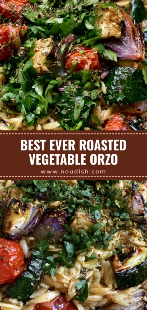 Roasted Vegetable Orzo Salad with Lemon Vinaigrette and Charred Zucchini 3 A ceramic bowl filled with Roasted Vegetable Orzo Salad featuring charred zucchini, blistered tomatoes, and fresh parsley on a grey stone surface.