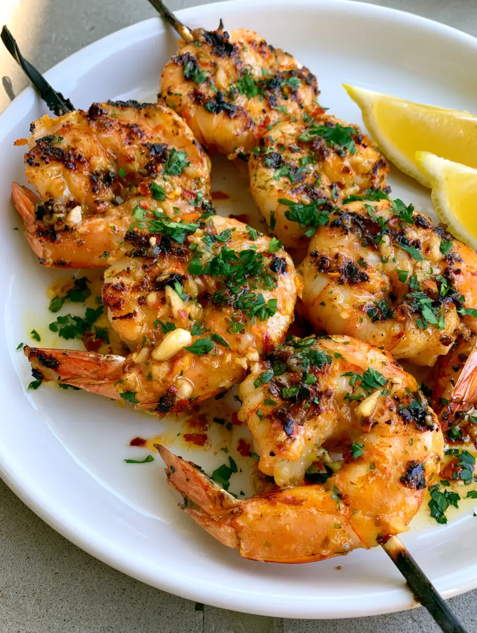 Close-up of orange-pink Grilled Shrimp Skewers with visible garlic bits and red chili flakes.
